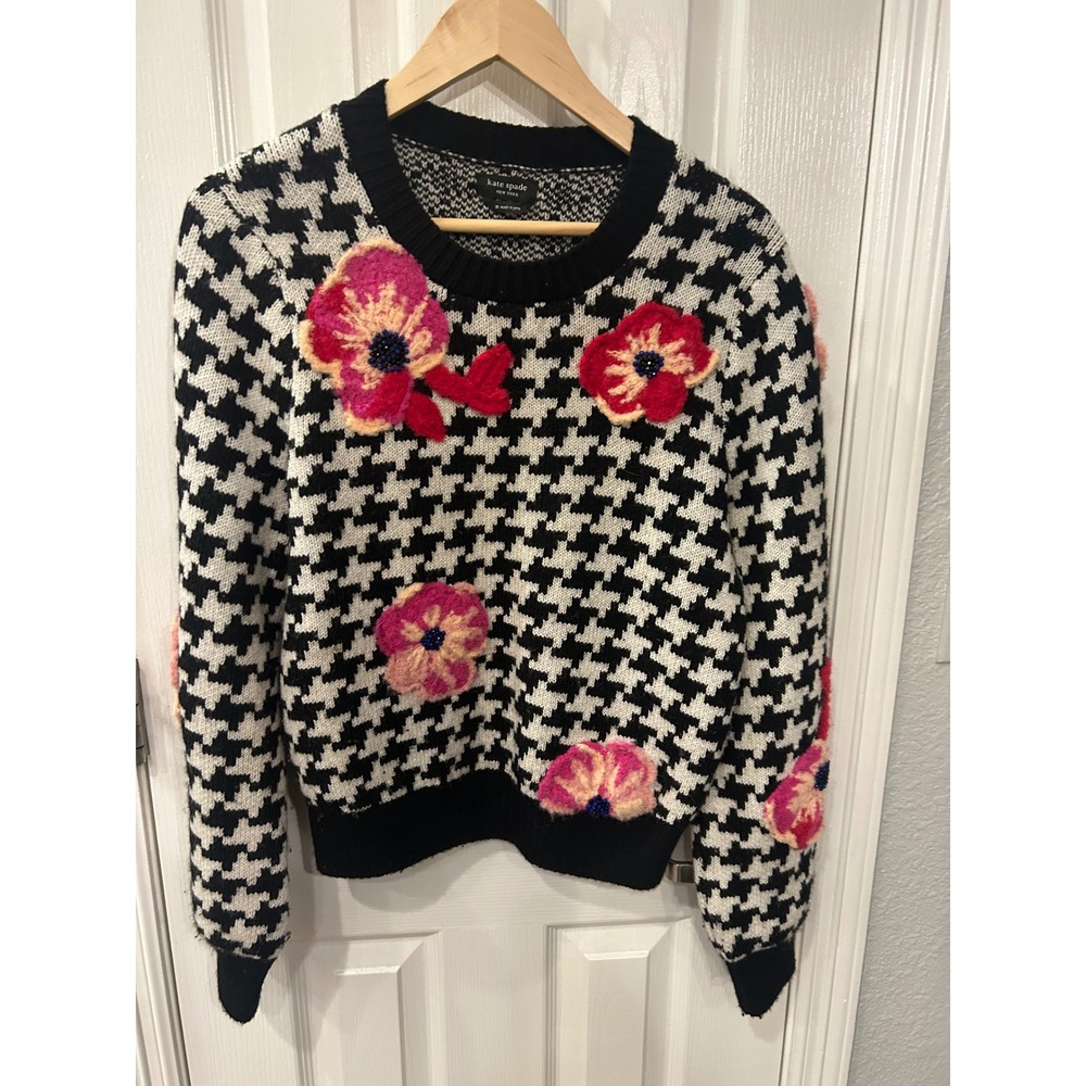 Kate Spade Sweater Black White Houndstooth Floral Applique Wool Alpaca Knit Top